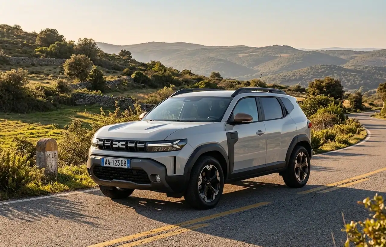Nuova Dacia Duster grigia in marcia su una strada panoramica collinare